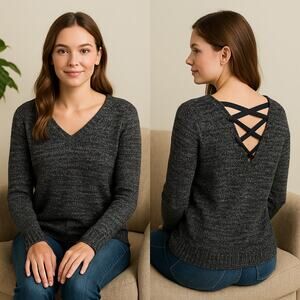 2/$30 SO Marled Black Gray Lace-Up Back Sweater S Women’s Casual Knit Pullover